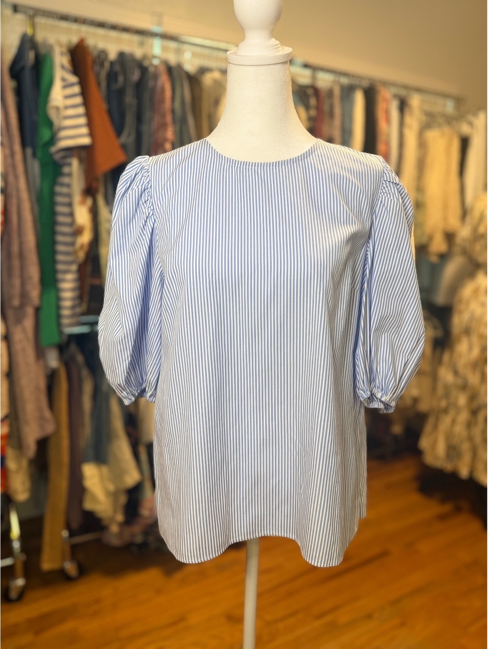 ENGLISH FACTORY Blue White Pinstripe Puff Sleeve Blouse Top NWT Small